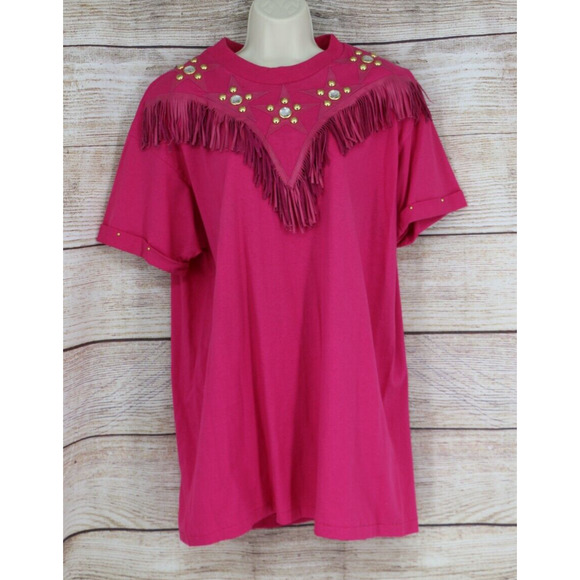 VINTAGE Rare Xperiance Womens Size Large Fringe Studded Oversize T-Shirt Pink - Picture 1 of 7